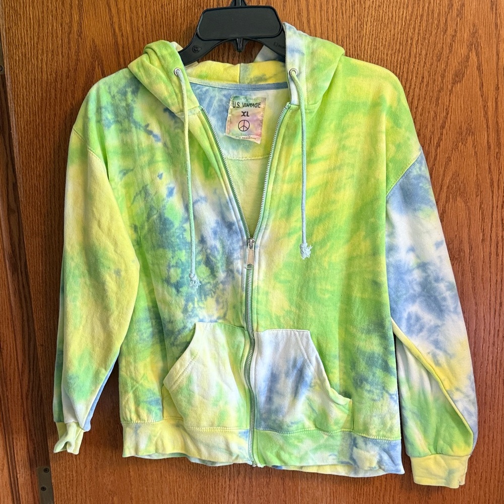 U.S. Wave Tie-Dye Zip Hoodie - Green Blue Youth XL